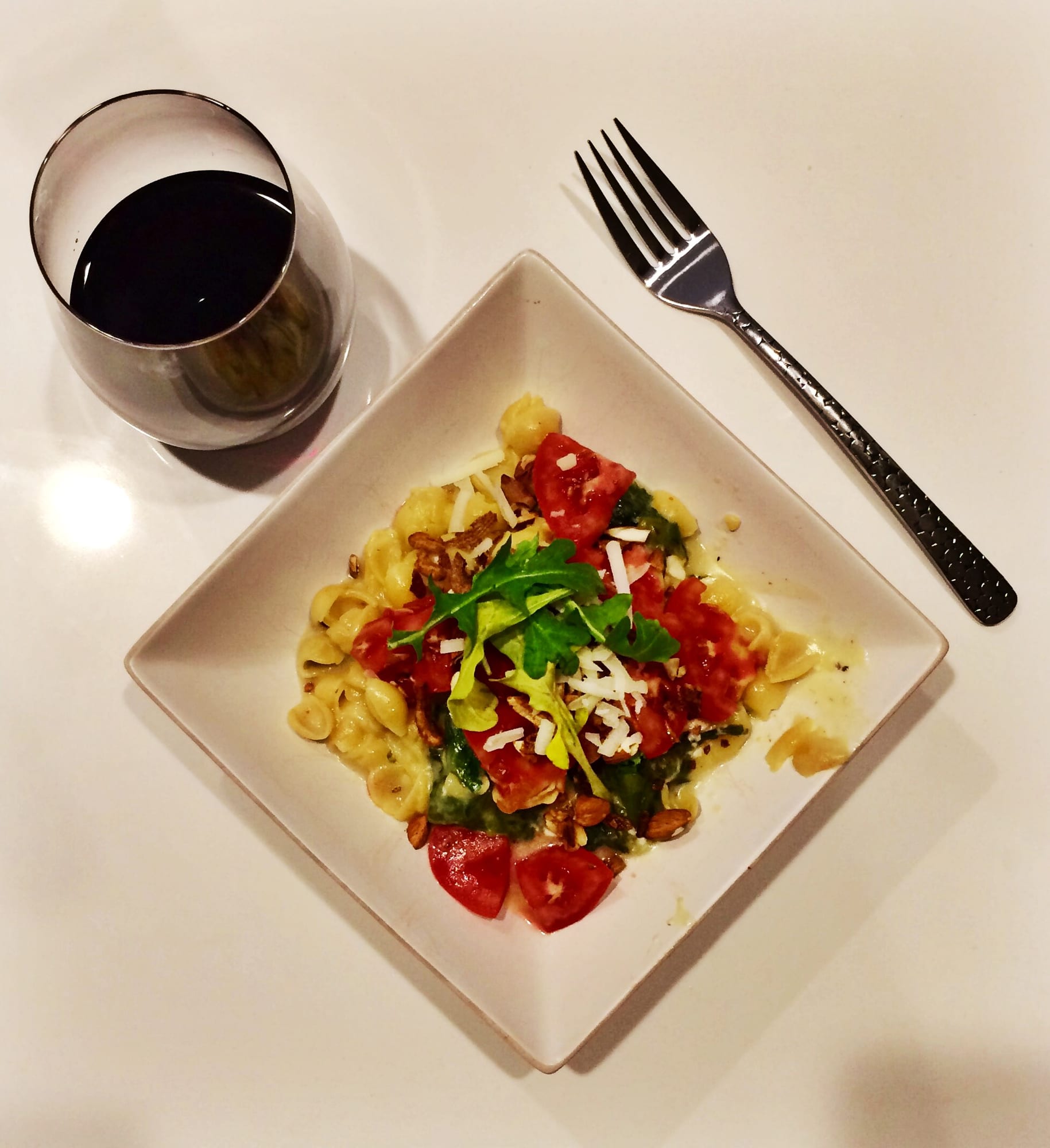 PASTA WITH WILTED ARUGULA, ALMONDS + WHATEVER CHEESE YOU HAVE :)